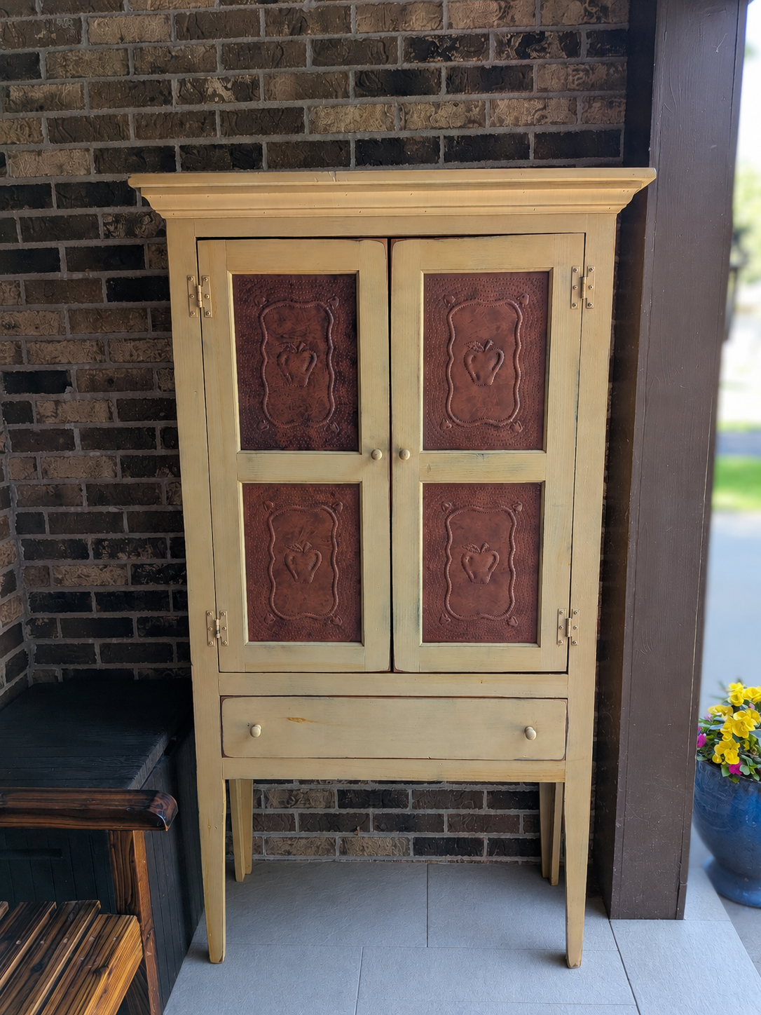 Vintage pie safe in the foyer